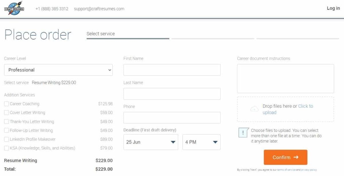 Craft Resume - Ordering Page