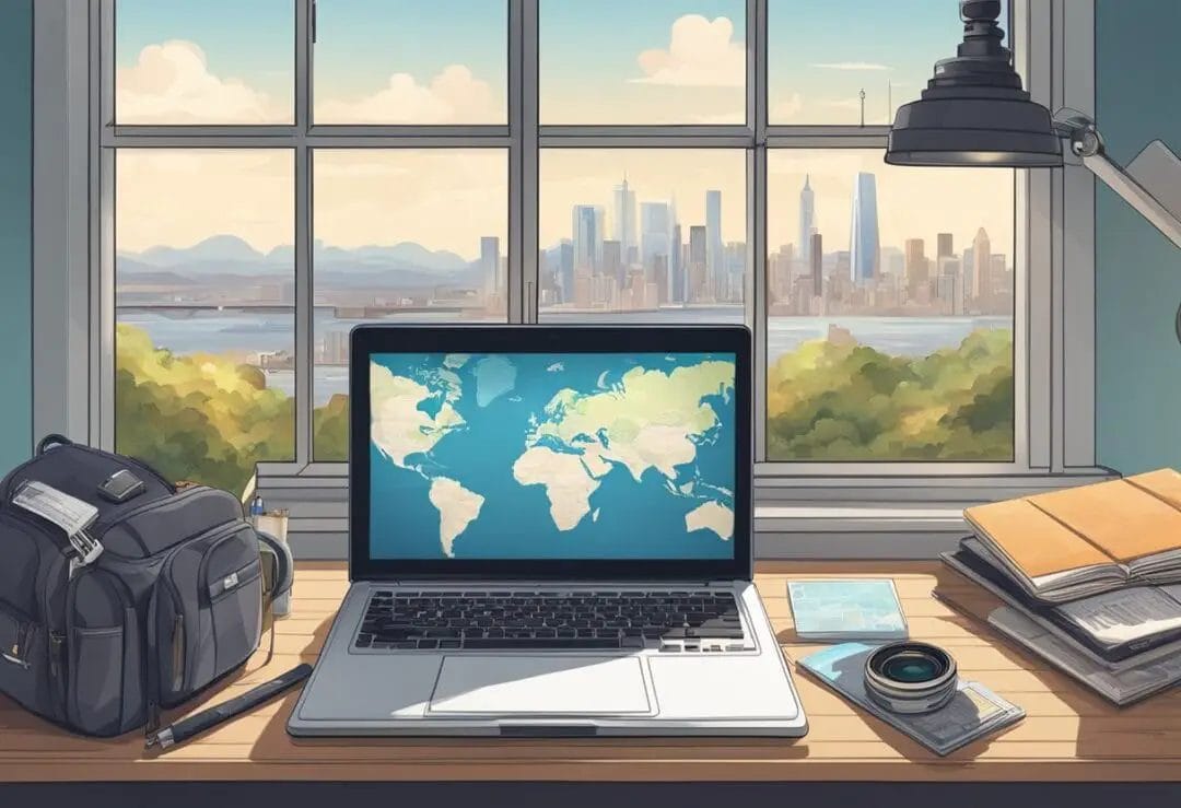 A laptop, notebook, and camera sit on a desk, surrounded by maps and travel guides. The window is open, letting in sunlight and a view of a distant city skyline