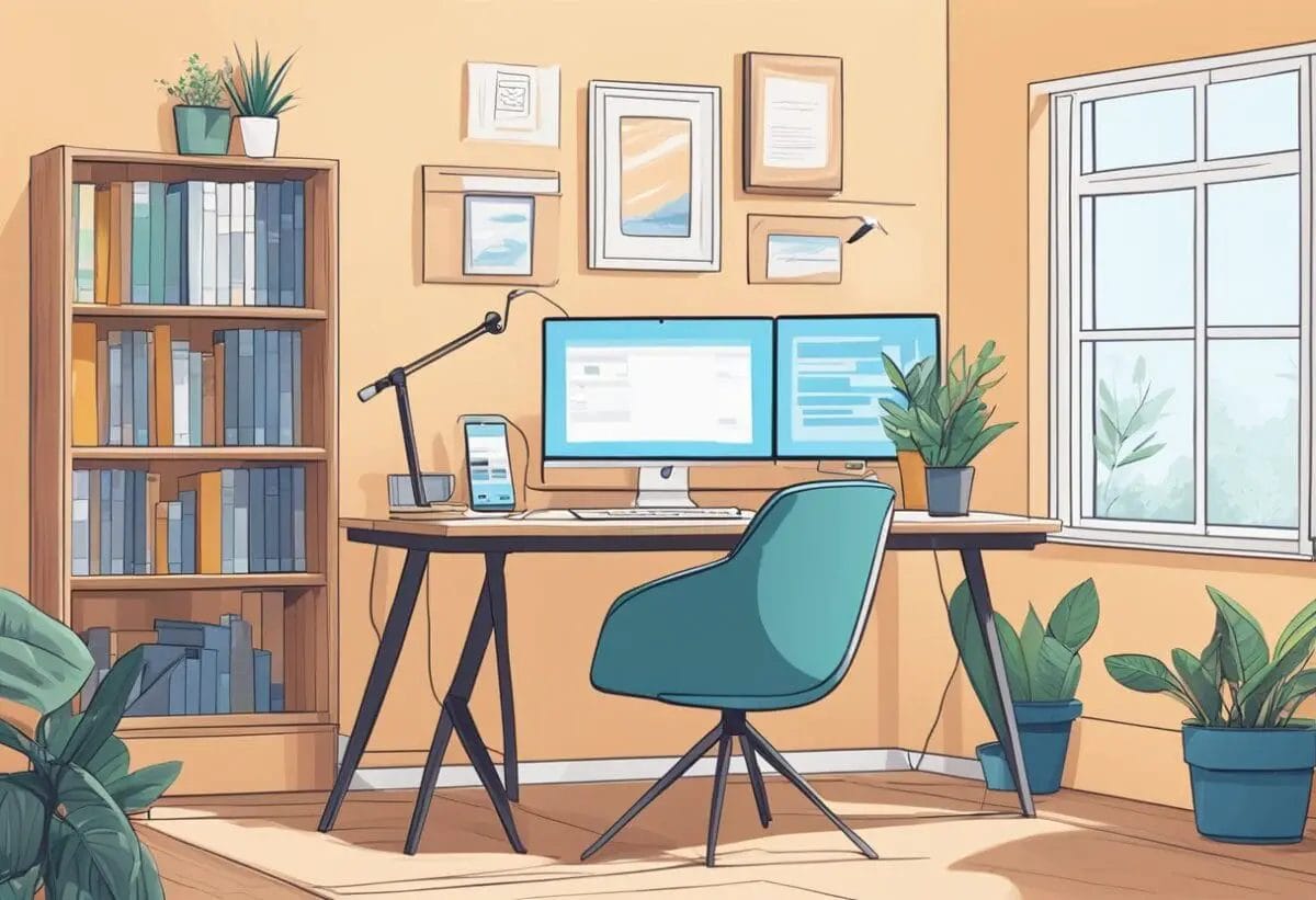 A laptop with coding software open, surrounded by a remote work setup including a desk, chair, and possibly a cozy home office environment