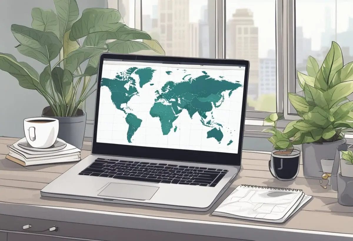 A laptop with code on screen, surrounded by a cozy workspace with a plant, coffee, and notebook. A map with pins marks global locations
