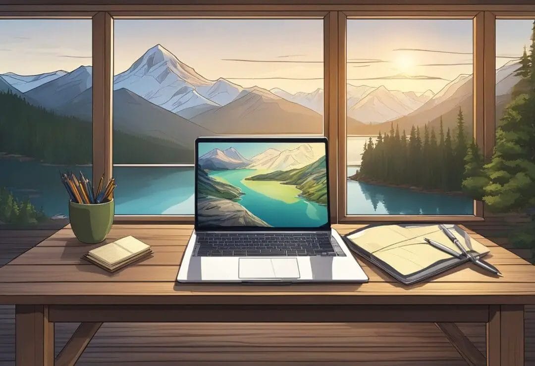 A laptop sits on a wooden desk with a map, notepad, and pen. The window shows a scenic view of mountains and a serene lake