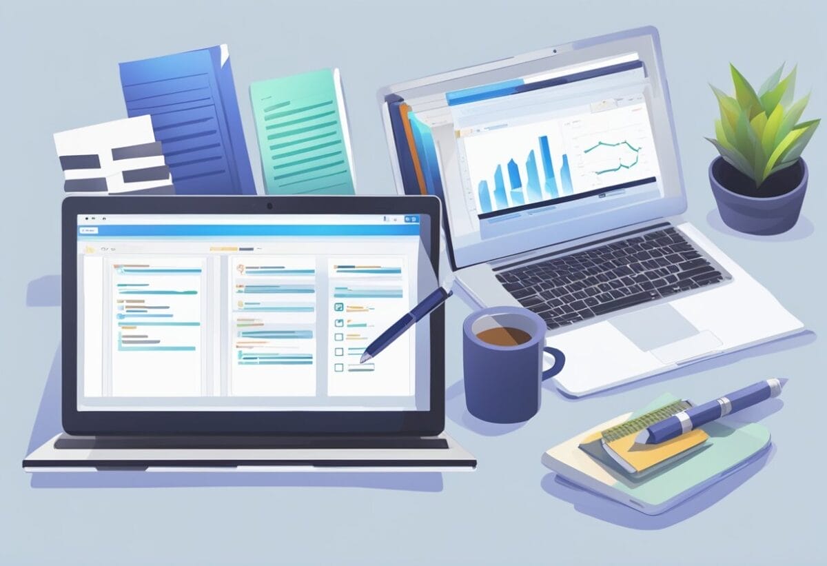 A table with a laptop, notepad, and pen. A checklist of webinar software features. A scale with "Price" on one side and "Value for Money" on the other