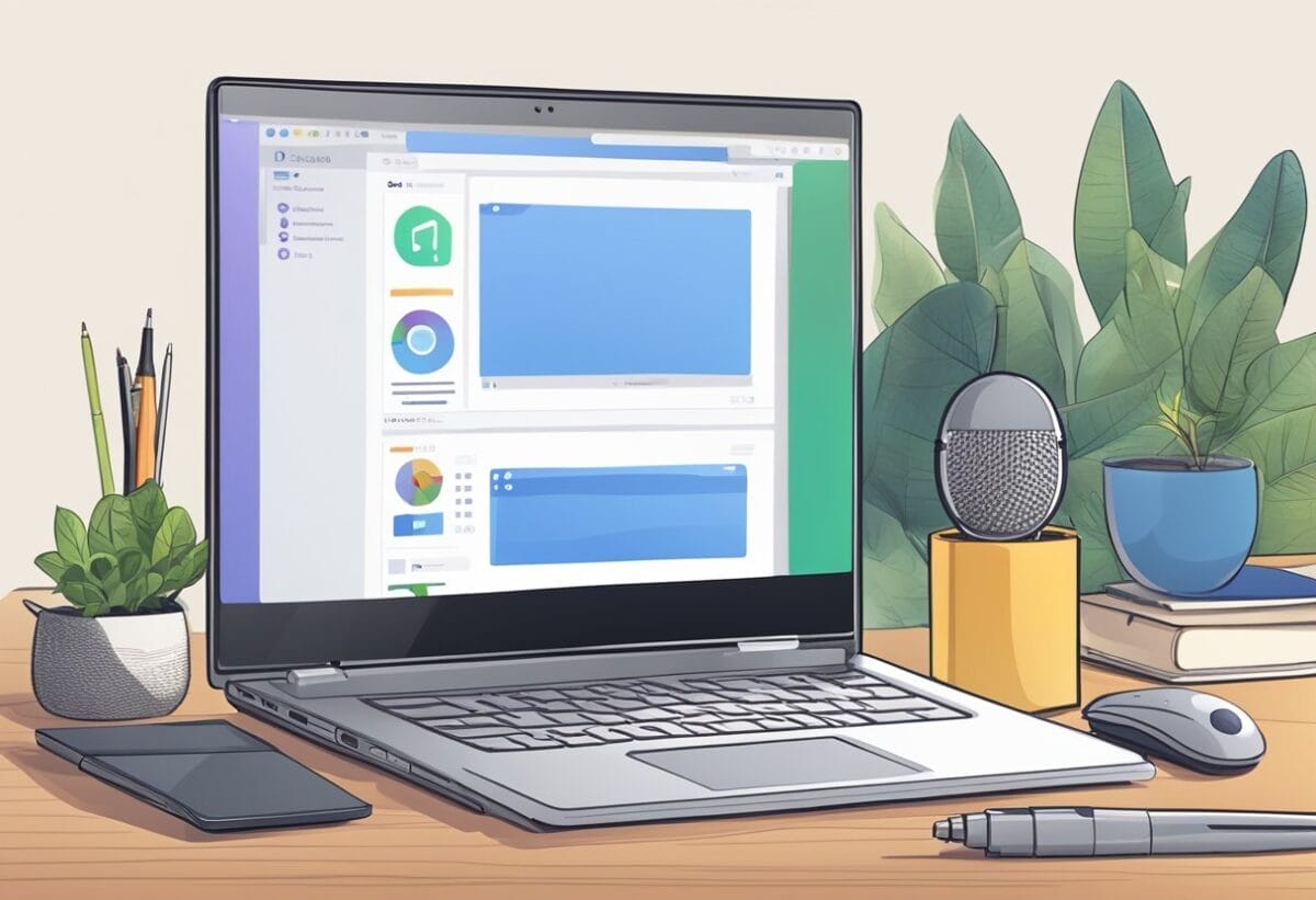 A laptop with an open video conferencing platform, a microphone, and a webcam on a desk with a notepad and pen