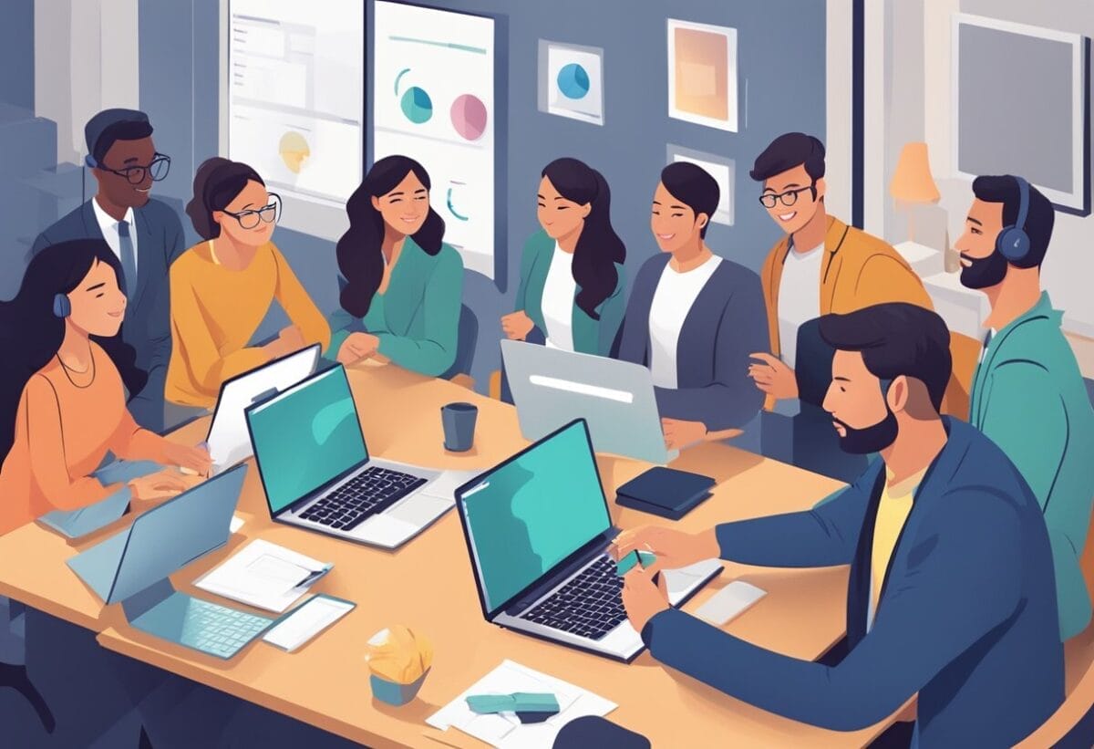 A group of participants are actively engaging in an online meeting, maintaining eye contact with the camera and using hand gestures to express themselves. The background is a professional and clutter-free workspace