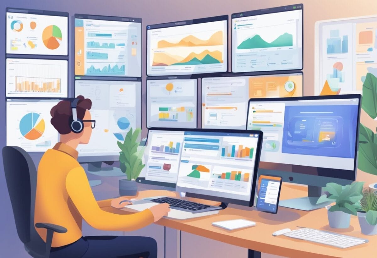 The scene depicts a computer screen with various webinar software platforms displayed. A person is comparing features and accessibility options. A checklist of workplace requirements is visible