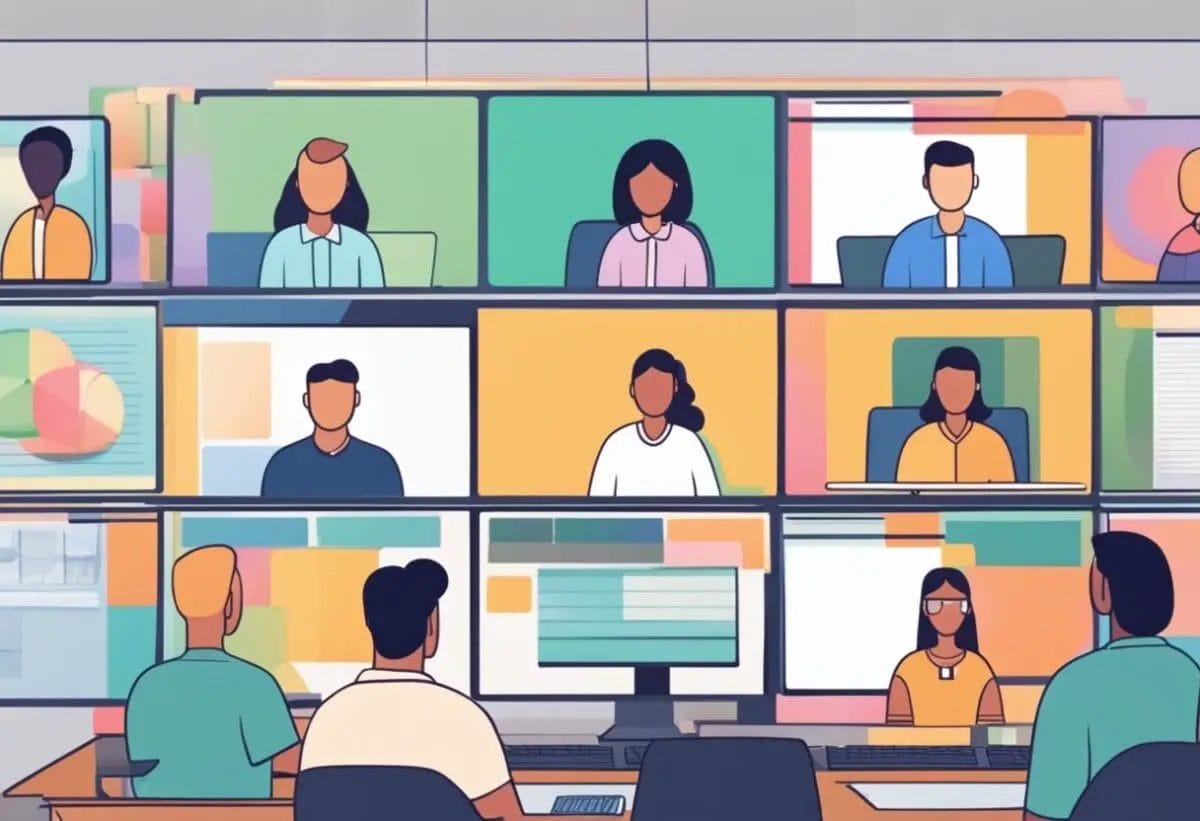 A virtual meeting with multiple participants following etiquette guidelines. Screens display engaged individuals with proper online meeting behavior