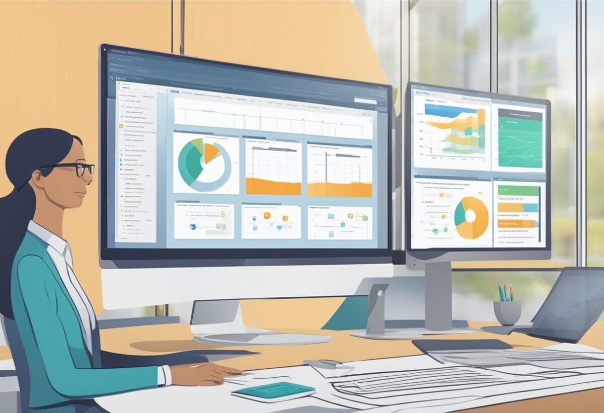 A computer screen displays various 1-on-1 meeting software options with comparison charts and compatibility assessments