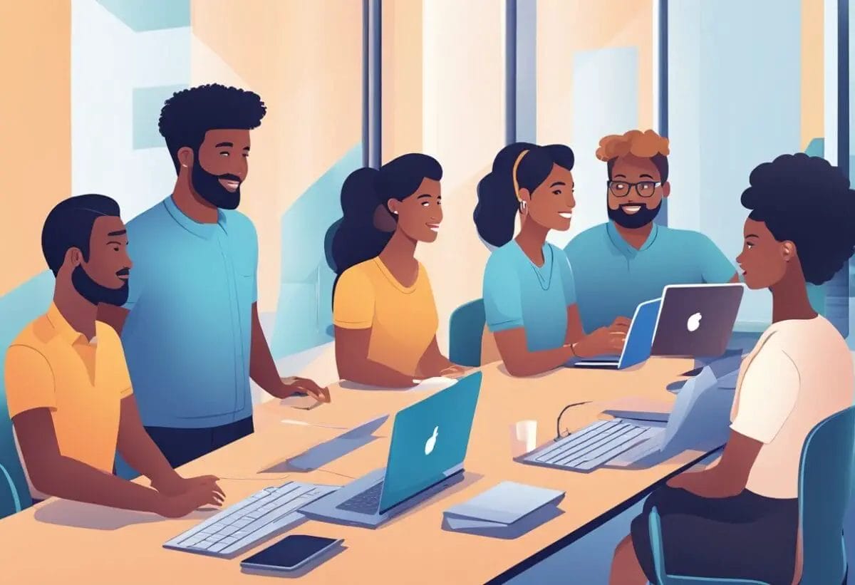 A diverse group of remote team members effortlessly navigate through a user-friendly enterprise meeting software, accessing various features with ease