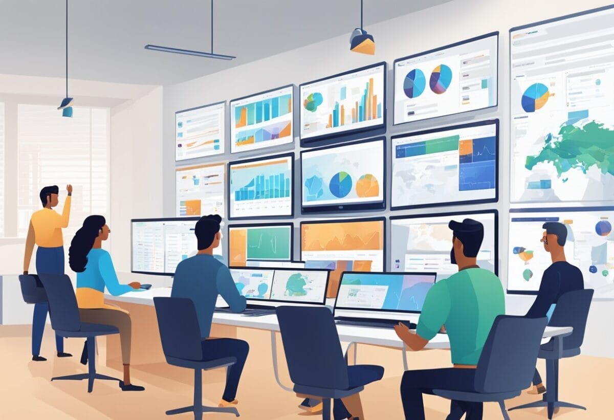 A group of remote team members are seen utilizing enterprise meeting software to collaborate and communicate effectively. The software is displayed on multiple screens, showcasing its user-friendly interface and various features