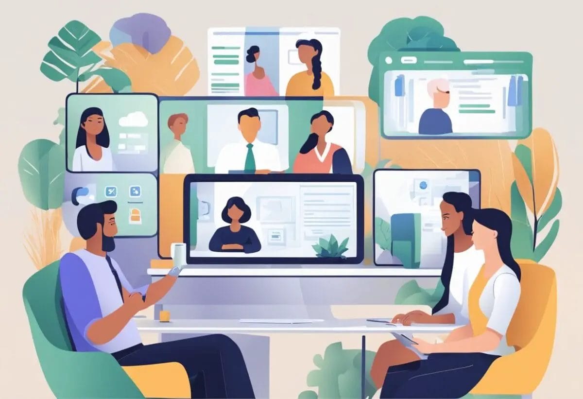 A virtual team meeting with participants on video calls, sharing screens, and using chat features. Pros include flexibility and accessibility, while cons may include technical issues and distractions