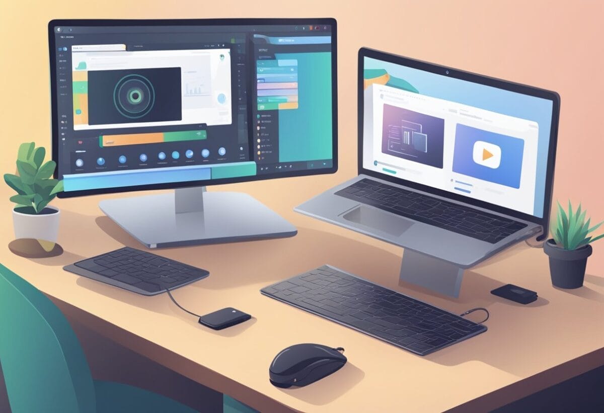 A laptop with a webcam and microphone on a desk, displaying a video conferencing interface. Pros and cons listed next to different types of online meetings