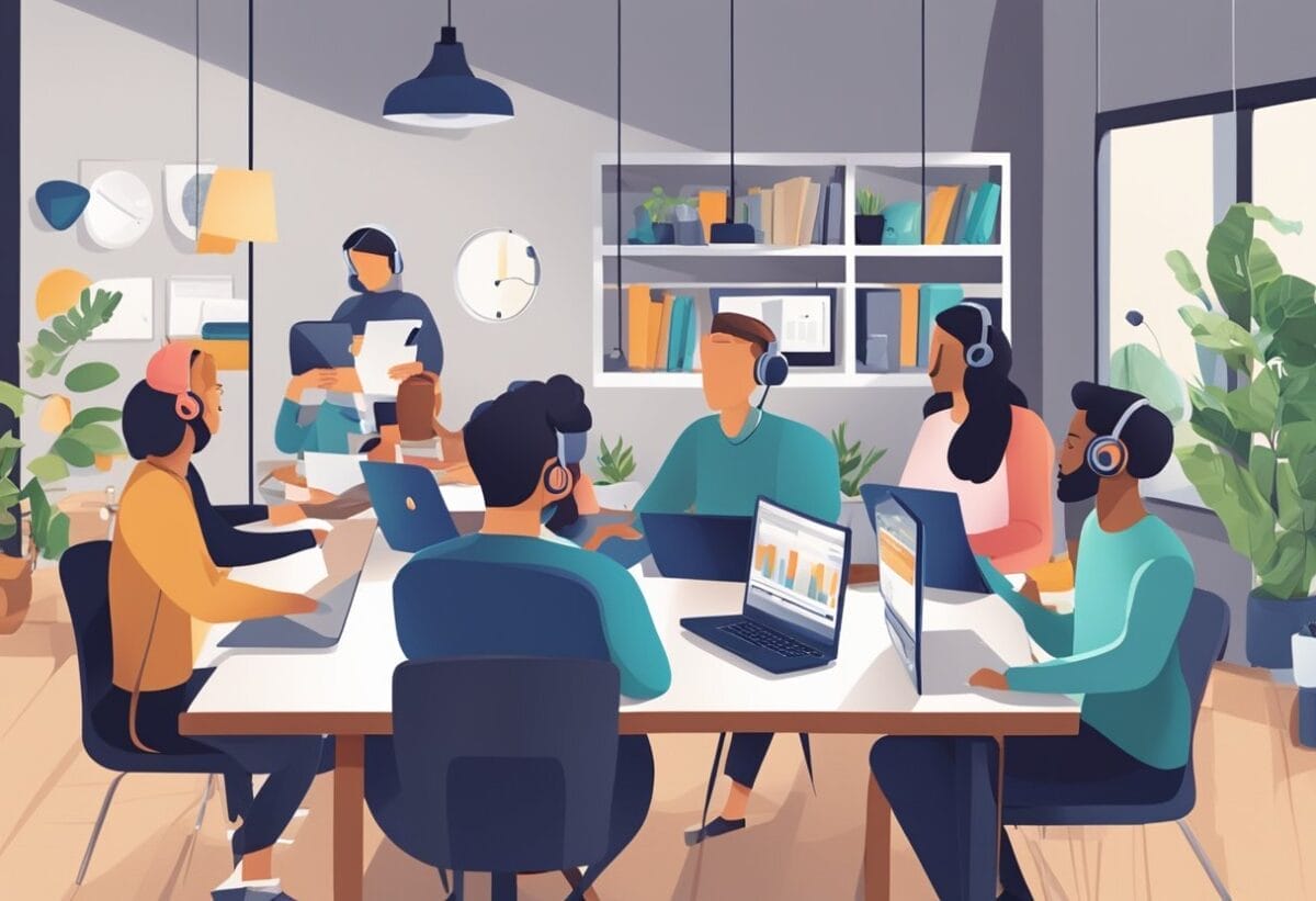 A group of people are engaged in an audio-only teleconference meeting, each participant in a different location. Some are in their home offices, while others are in coworking spaces or coffee shops. The participants are using various electronic devices such as laptops,