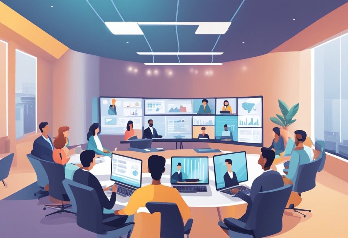 A virtual conference room with multiple screens showing different types of online meetings: webinars, video conferences, and collaborative work sessions. Each type has its pros and cons
