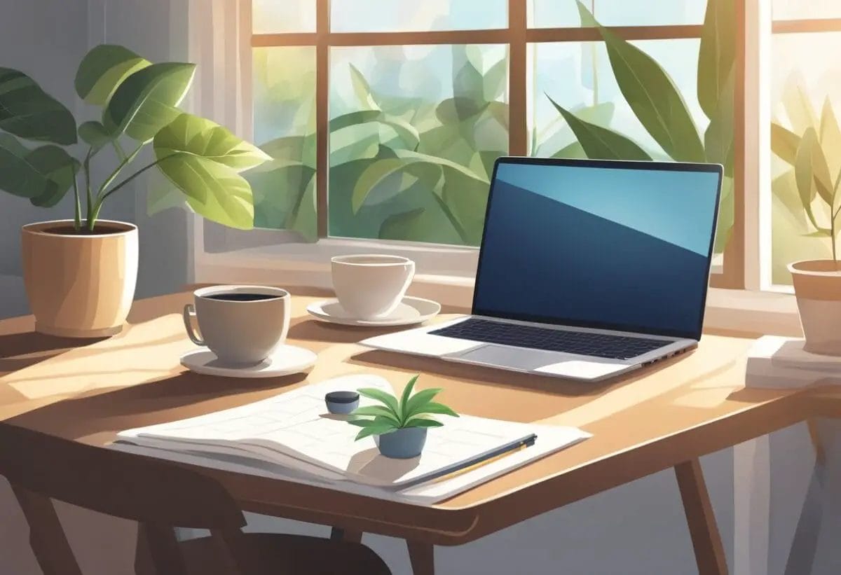 A laptop on a cozy desk with a plant, a cup of coffee, and a calendar. Sunlight streams in through a window, creating a peaceful and productive work environment
