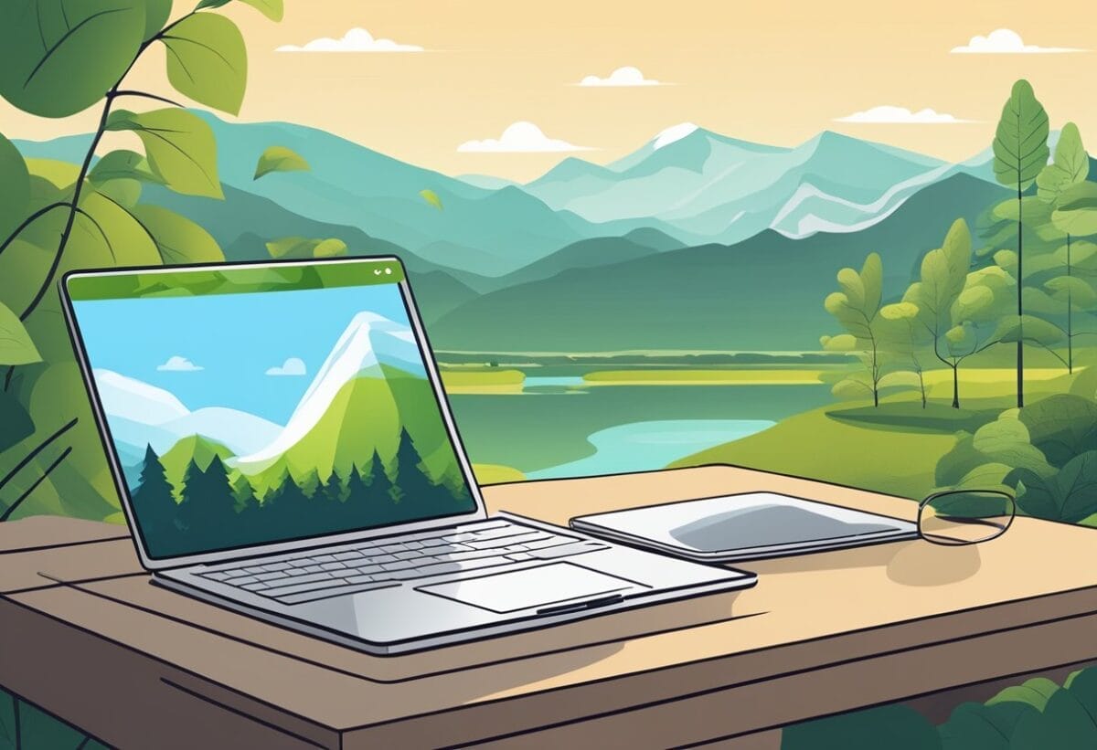 A laptop on a desk with a serene outdoor view, showcasing a balance of work and nature. A graph and eco-friendly symbols represent economic and environmental benefits of remote work