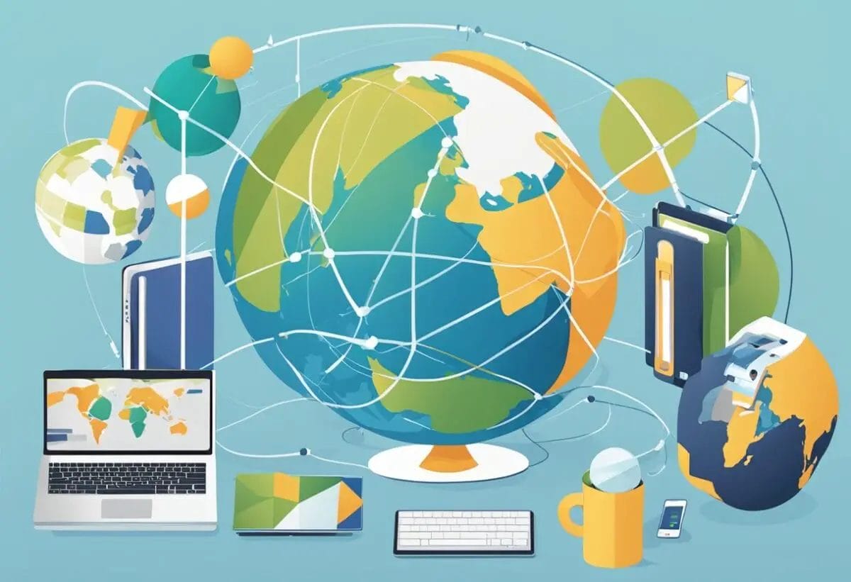 A globe surrounded by interconnected devices, representing global talent access. A laptop, phone, and tablet symbolize remote work benefits
