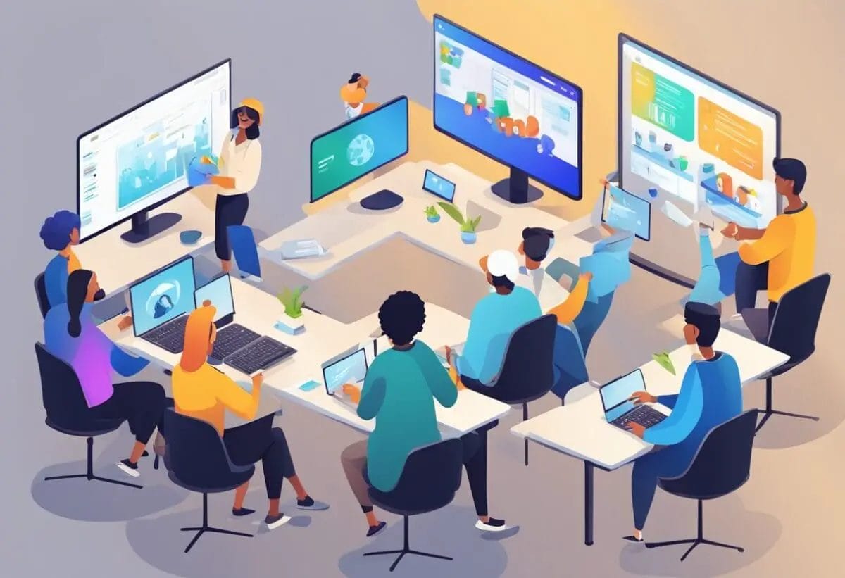 A virtual meeting with team members engaged in a creative game, sharing ideas and building rapport. Multiple screens show participants interacting and enjoying the activity