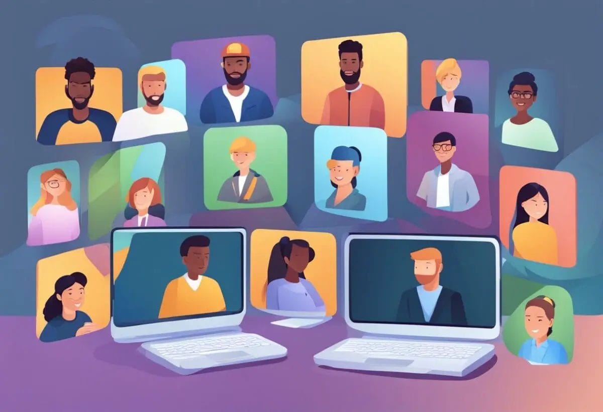 A group of virtual avatars engage in collaborative challenges, building rapport and enhancing team dynamics through highly creative and fun online meeting games for remote teams