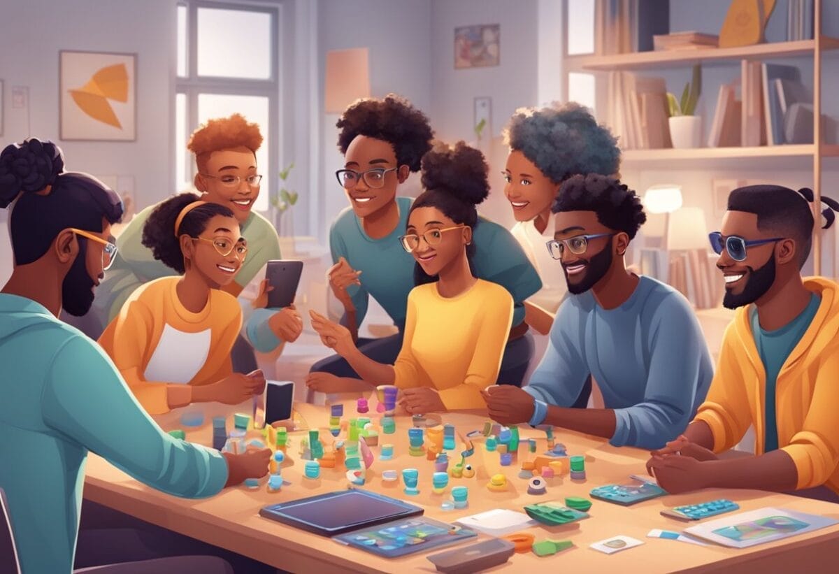 A group of diverse virtual avatars engage in a lively game, sharing ideas and building rapport through creative expression activities