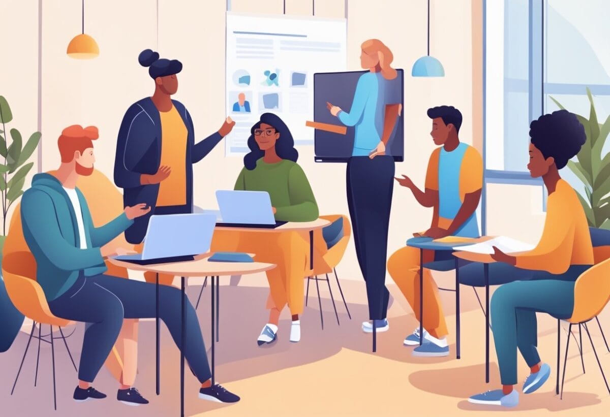 Online Collaboration For Remote Teams (Complete Guide) 5 A group of diverse individuals engage in virtual meetings, share ideas, and collaborate on projects using online tools and platforms