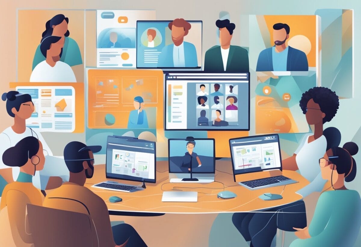 Online Collaboration For Remote Teams (Complete Guide) 3 A virtual meeting with multiple screens displaying various online collaboration tools and team members working remotely