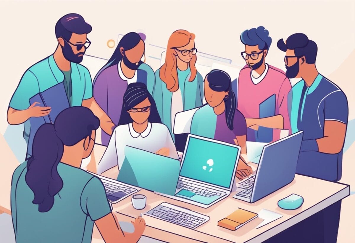 Online Collaboration For Remote Teams (Complete Guide) 6 A group of virtual team members working together on a project, sharing files and ideas in real-time through online collaboration tools