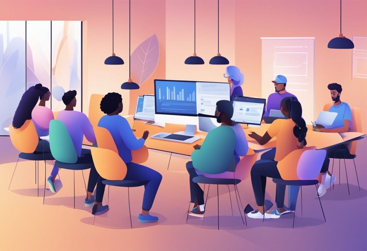 Online Collaboration For Remote Teams (Complete Guide) 4 A group of diverse individuals working together on laptops, sharing files and ideas in a virtual workspace