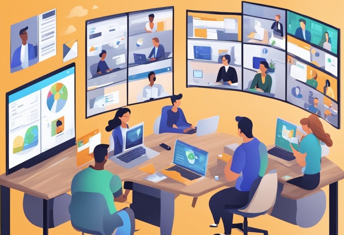 A virtual meeting with screens showing various online collaboration tools and remote team members working together