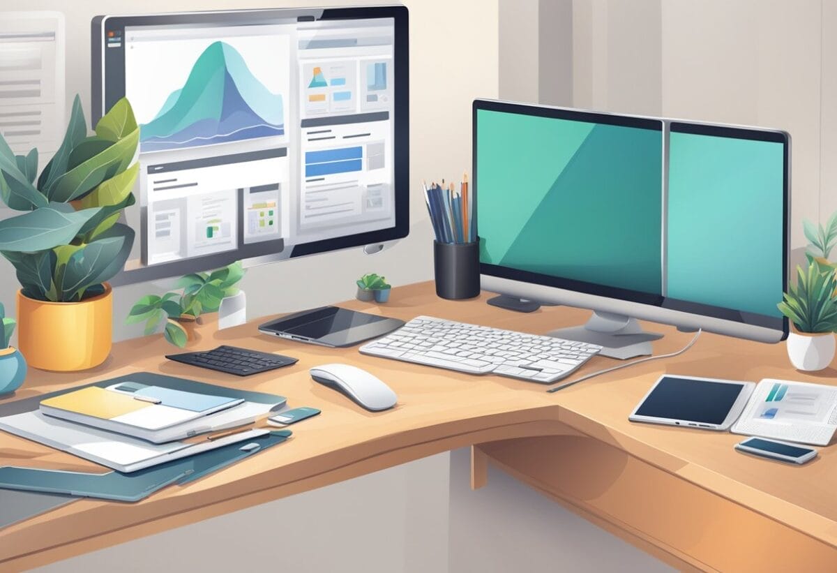 A desk with various electronic devices and collaboration tools, such as laptops, tablets, and smartphones, arranged neatly for remote team use