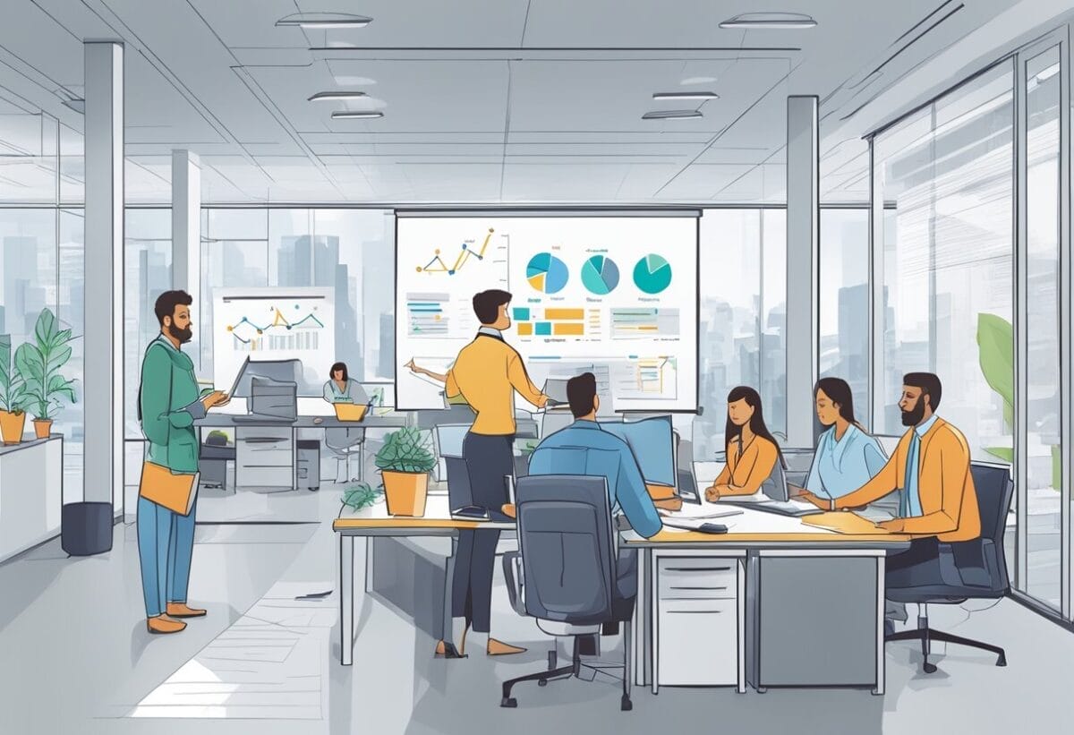 A bustling office with employees collaborating, whiteboards filled with ideas, and a chart showing the company's growth