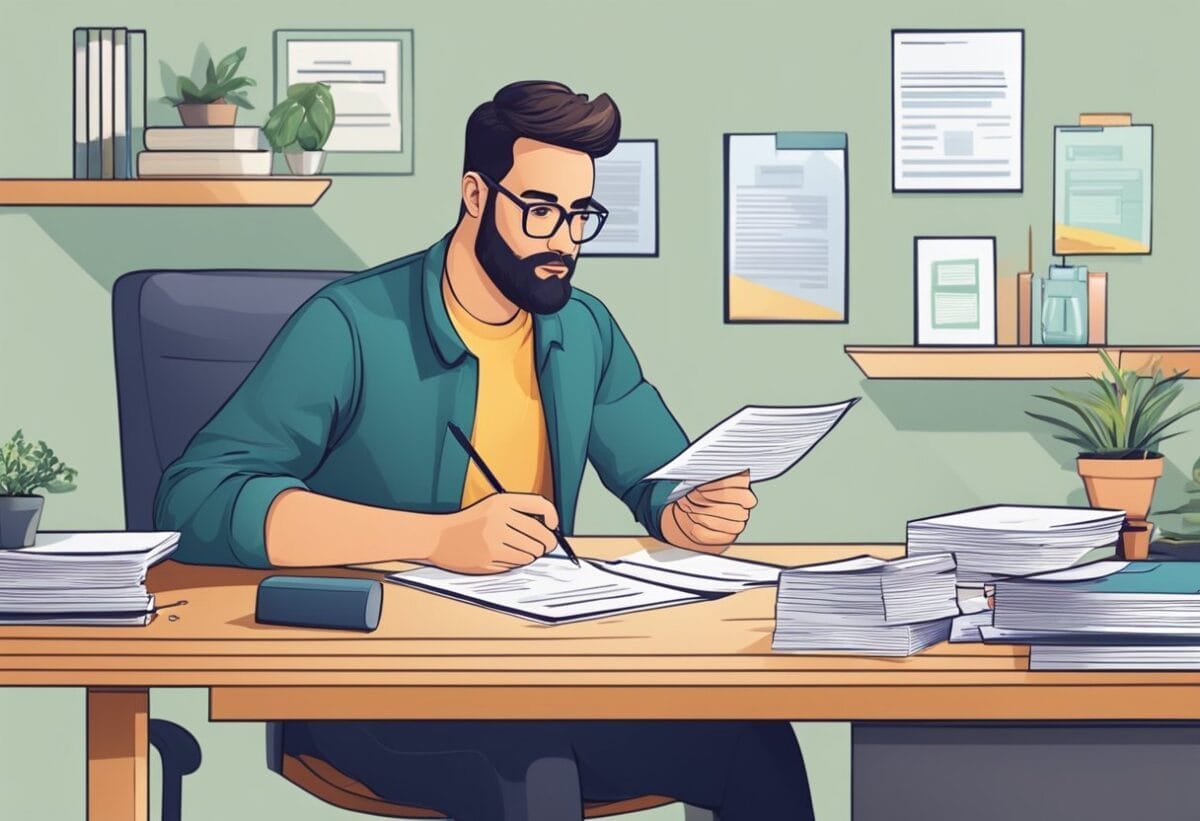 A freelancer reviews a contract and financial documents, evaluating a job offer