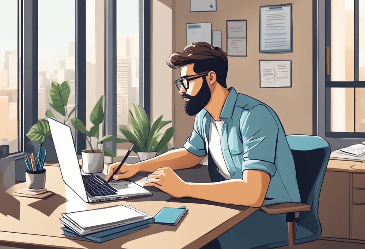 A freelancer sits at a desk, reviewing a job offer. They have a notebook and pen in front of them, with a laptop open to research the company. The room is well-lit, with a motivational poster on the wall