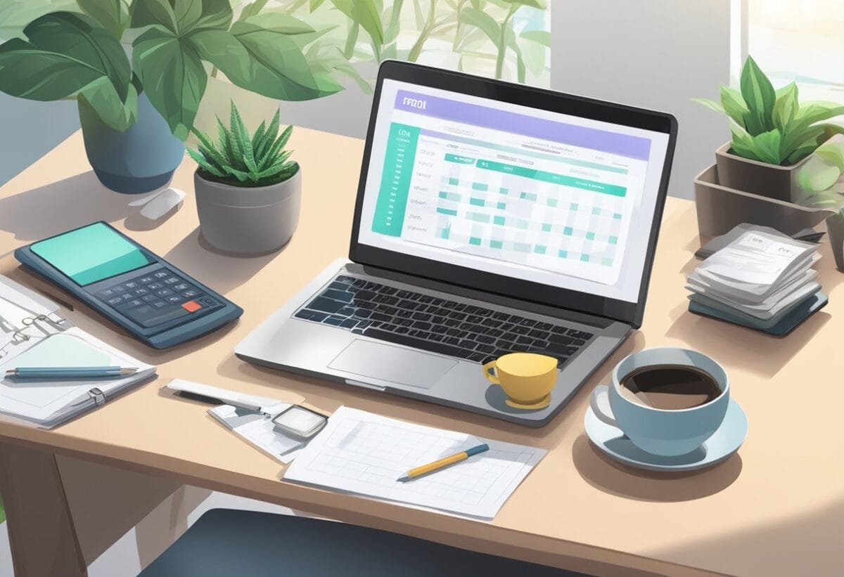 A laptop open on a desk, with a checklist of remote job benefits and a calculator. A cup of coffee and a plant in the background
