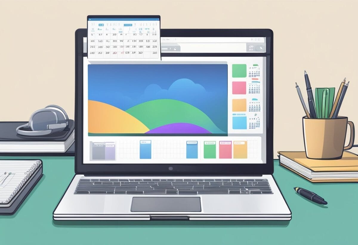 A laptop open on a desk, with a calendar and online meeting platform displayed on the screen. A notepad and pen are next to the laptop