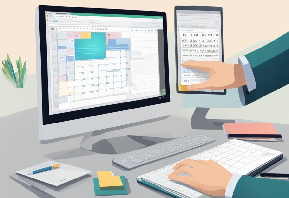 A computer screen displaying a calendar with a scheduled online meeting, a hand reaching for a pen and notebook, and an open email inbox with follow-up messages