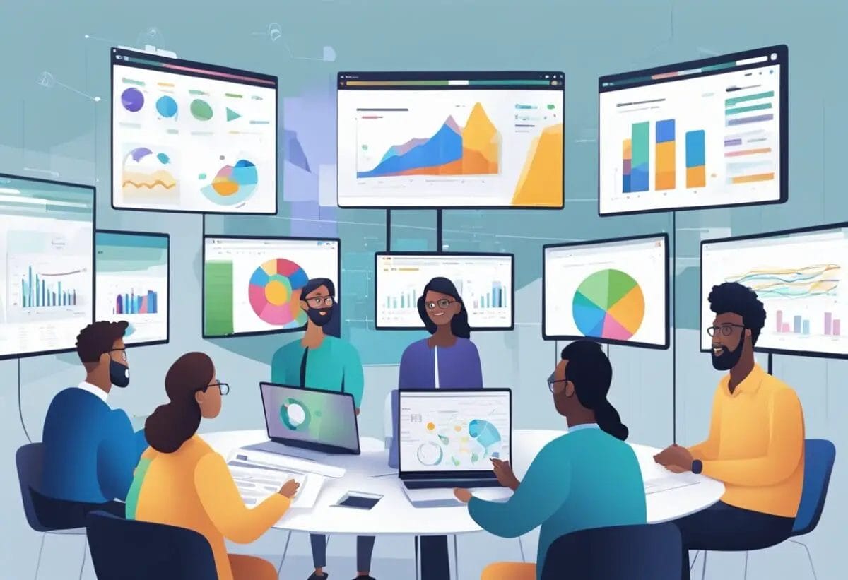 A group of diverse professionals engage in a virtual meeting, each connecting from different locations. Screens display charts, graphs, and collaborative documents, while participants interact and share ideas in real-time