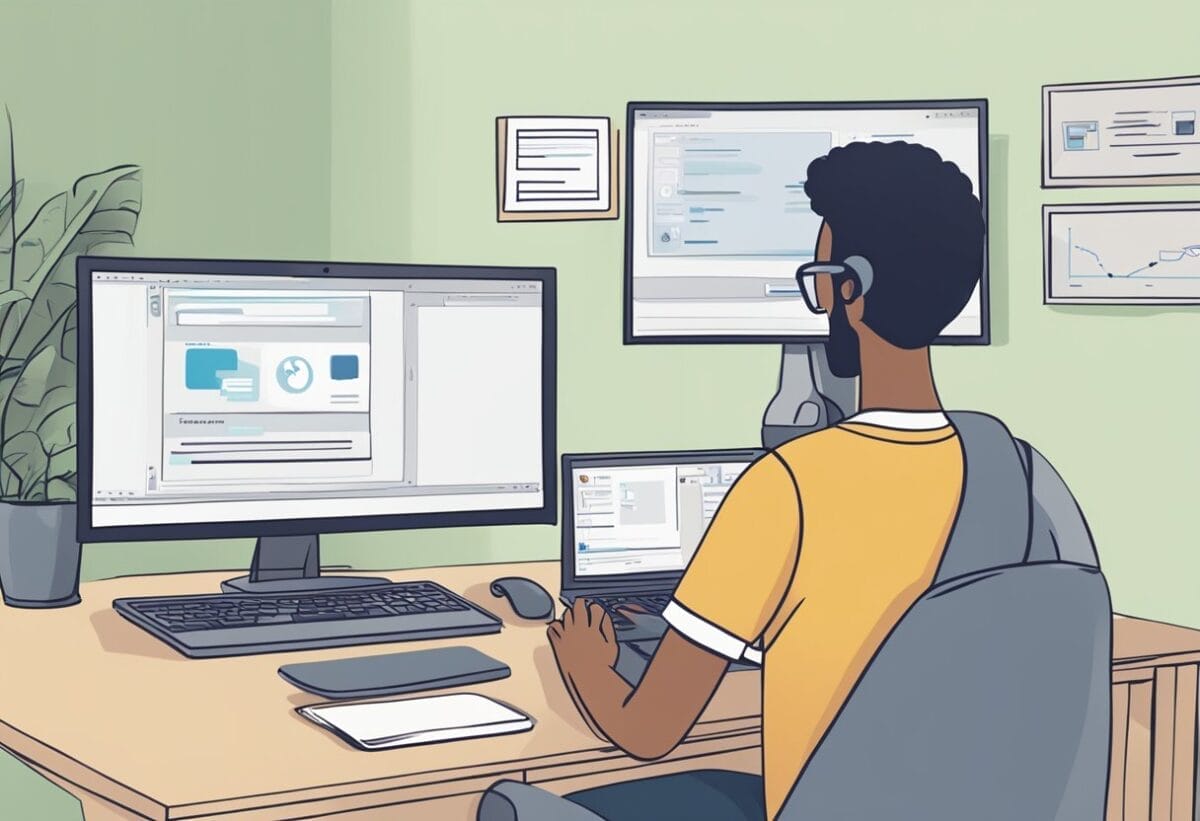 A person's computer screen with a virtual meeting in progress, with a polite message in the chat box saying "Thank you, I have to leave now. Goodbye everyone!"