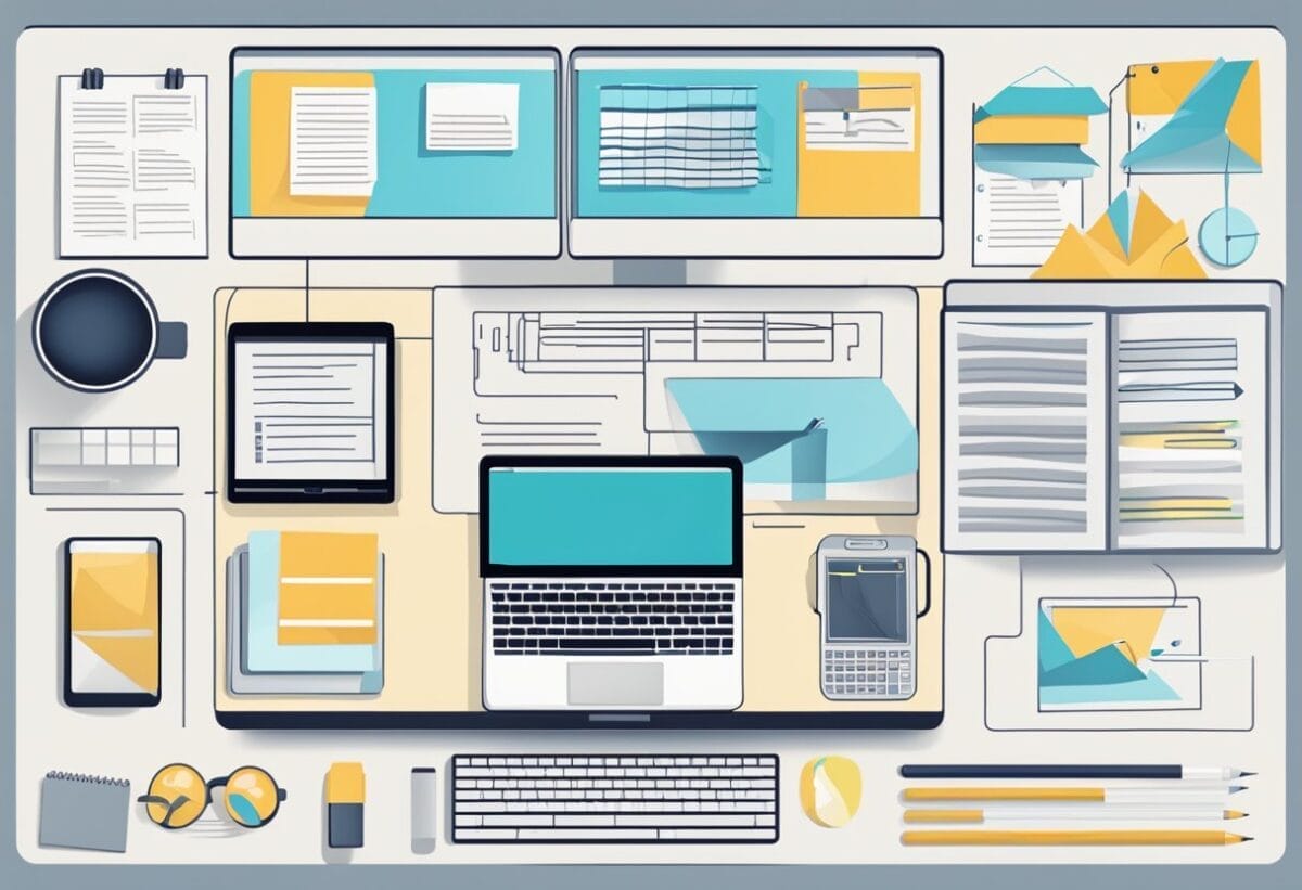 A desk with a computer, notebook, and pen. A list of webinar software features. A flowchart for decision-making
