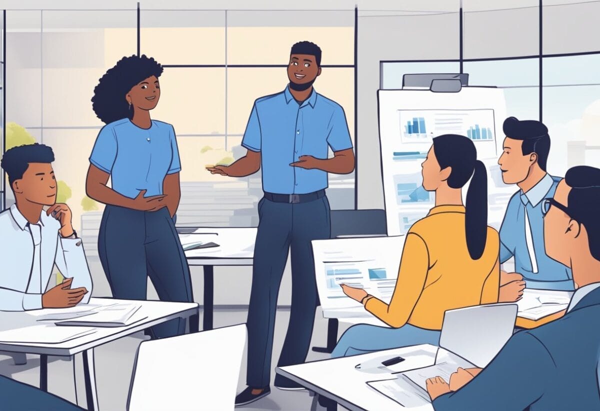 Employees engaging in skip level meetings, preparing with step-by-step guides and asking questions in a professional setting