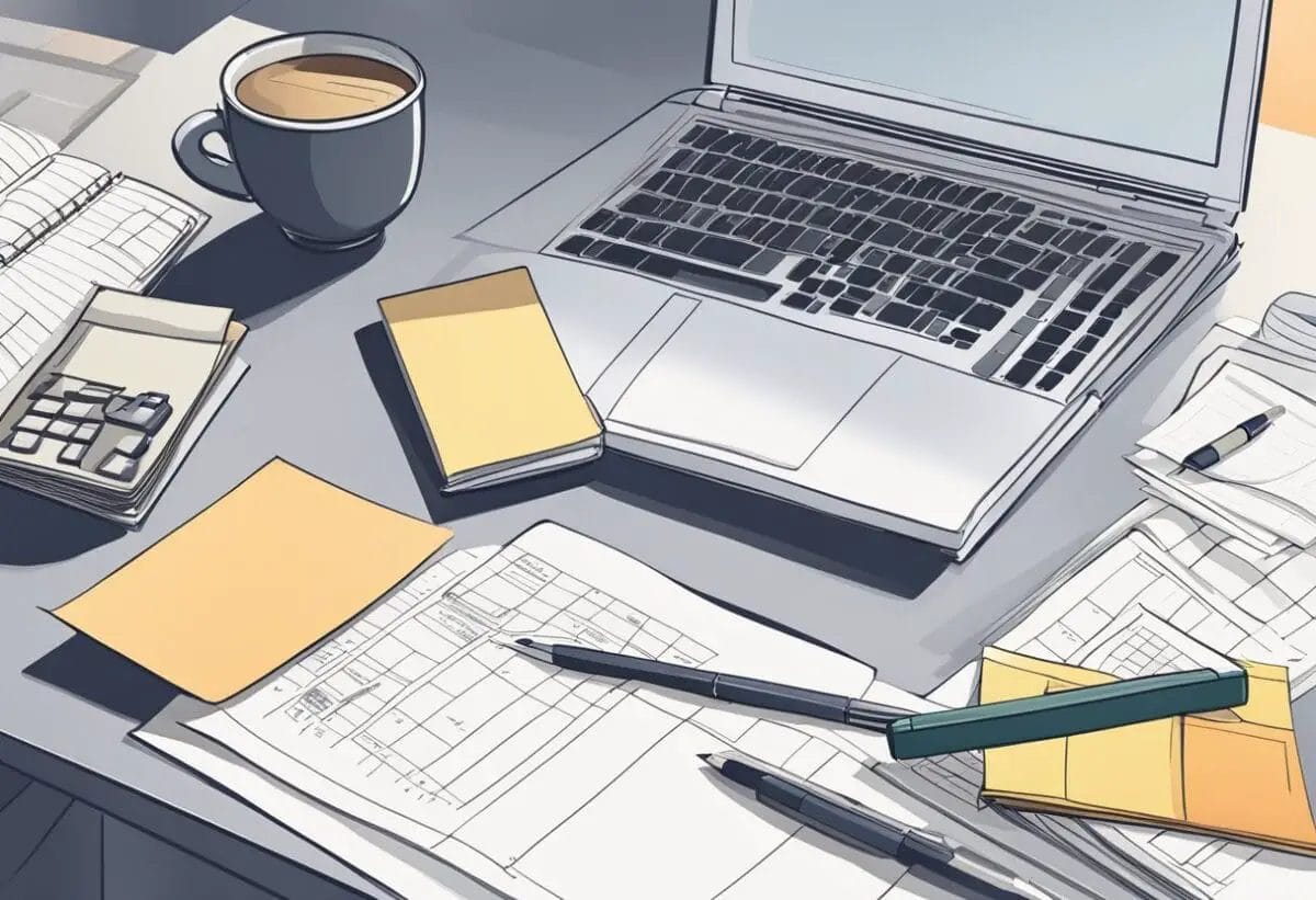 A desk with a neatly organized stack of papers, a computer, and a calendar. A cup of coffee sits next to a notebook and pen, ready for note-taking