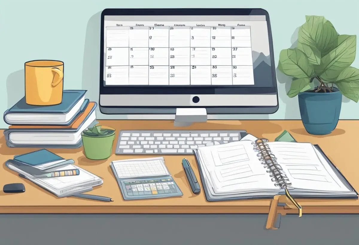 A desk with a neatly organized planner, a laptop, and a stack of papers. A calendar on the wall shows the upcoming year