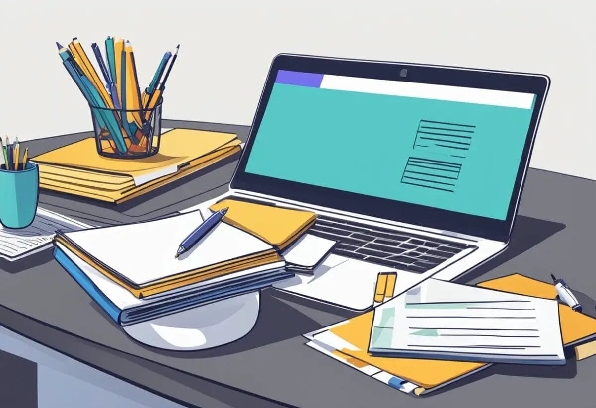 A desk with a neatly organized stack of documents, a pen, and a notebook. A laptop displaying a presentation and a list of prepared questions for a performance appraisal meeting