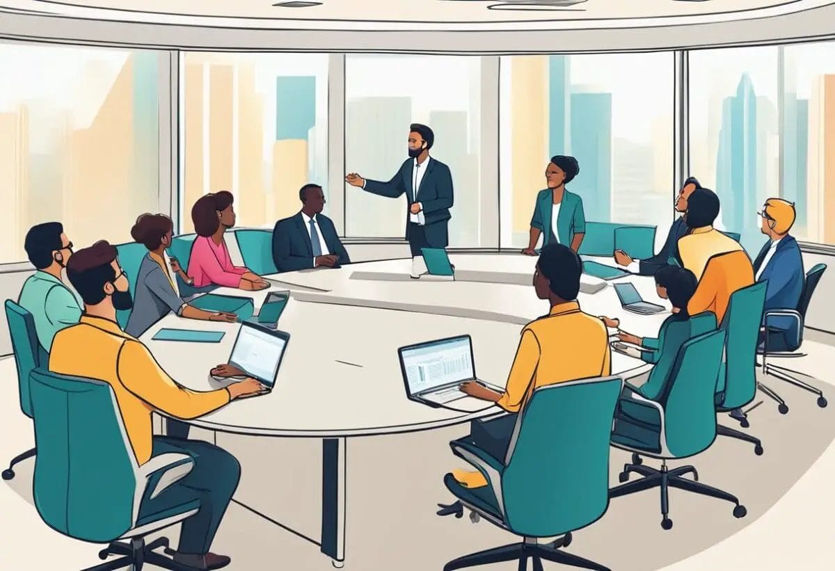 A group of employees and managers gathered in a conference room, engaging in a skip-level meeting. The atmosphere is professional and collaborative, with everyone actively participating in the discussion