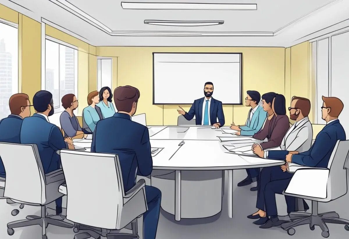 Managers and employees engage in a skip-level meeting, asking and answering questions in a professional setting