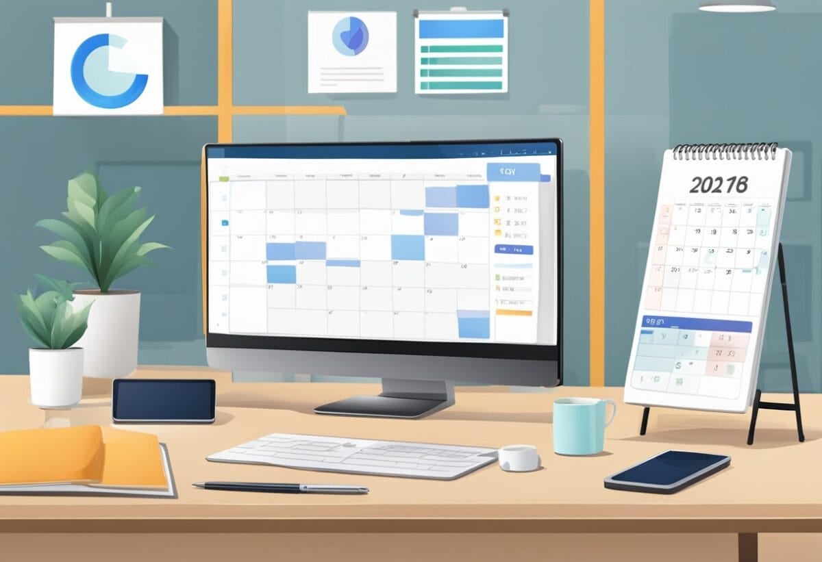 A desk with a laptop, notebook, and pen. A calendar on the wall shows the meeting date. The screen displays a video call interface