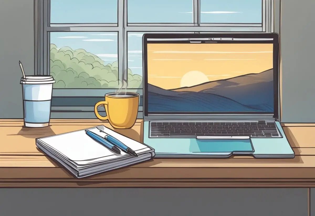 A desk with a laptop, notepad, and pen. A cup of coffee sits nearby. A window shows a clear sky
