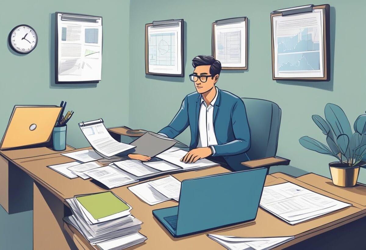 An employee sits at a desk, surrounded by papers and a laptop. They are taking notes and preparing a presentation for a skip level meeting