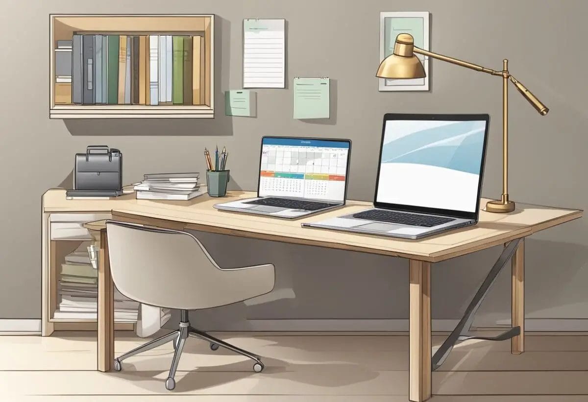 A desk with a laptop, notebook, and pen. A calendar on the wall. A professional setting with a clean and organized workspace