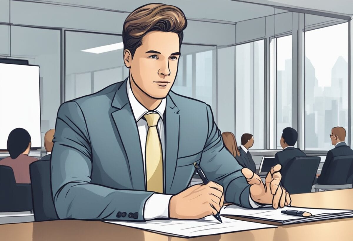 21 Common Performance Appraisal Meeting Questions (with Example Answers) 3 A professional sitting at a table, confidently answering questions during a performance appraisal meeting
