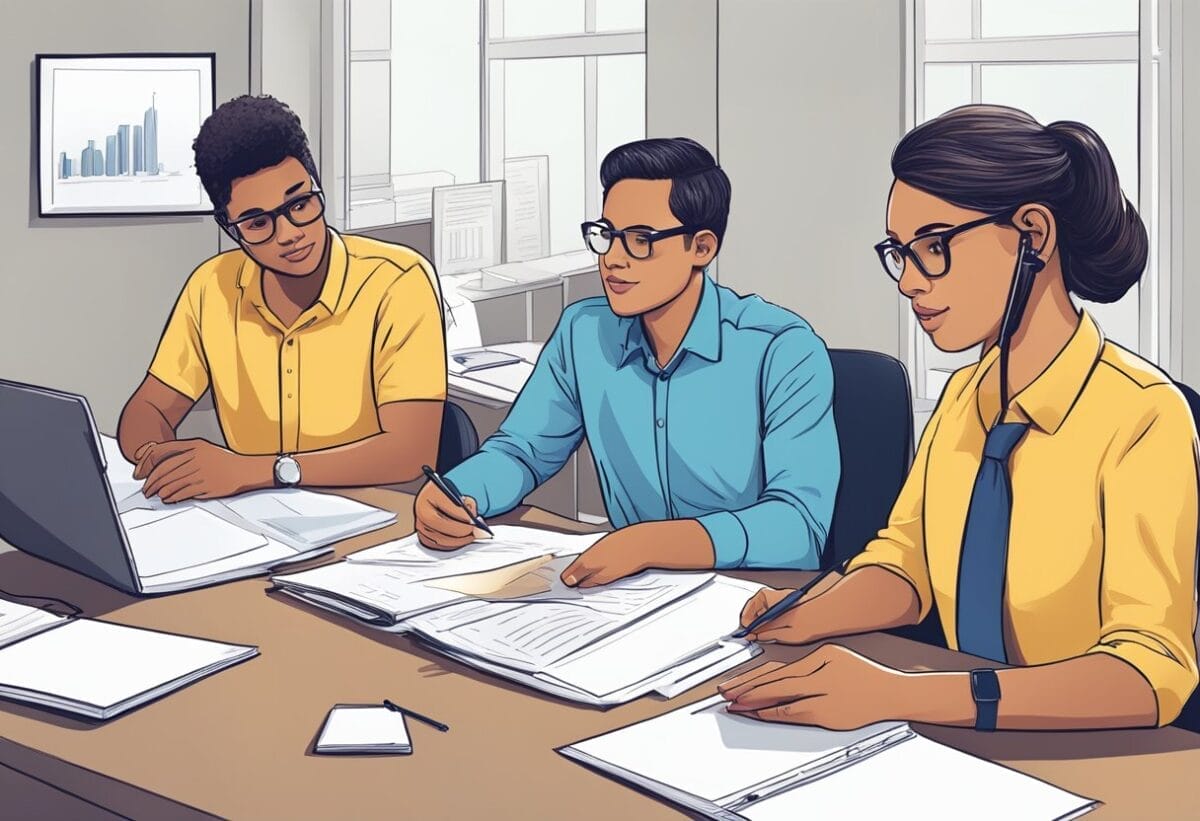 Employees discussing benefits of skip-level meetings, preparing for meeting, taking notes and reviewing company policies